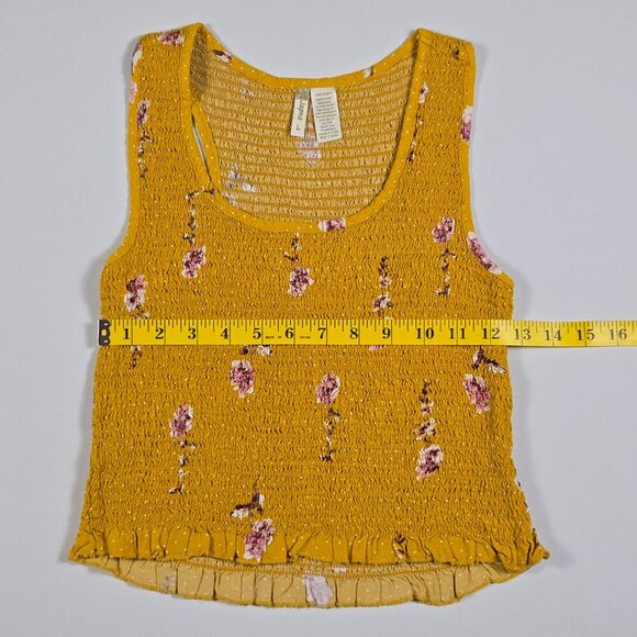 Japna Yellow Smocked Floral Crop Top Size L Square Neck Ruffle Hem Boho Stretchy - Picture 10 of 12